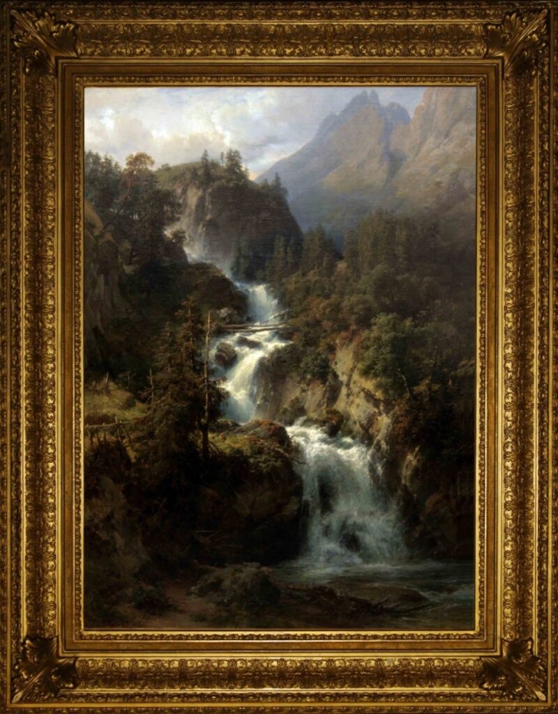 Фото антикварной картины «Водопад в горах Швейцарии»